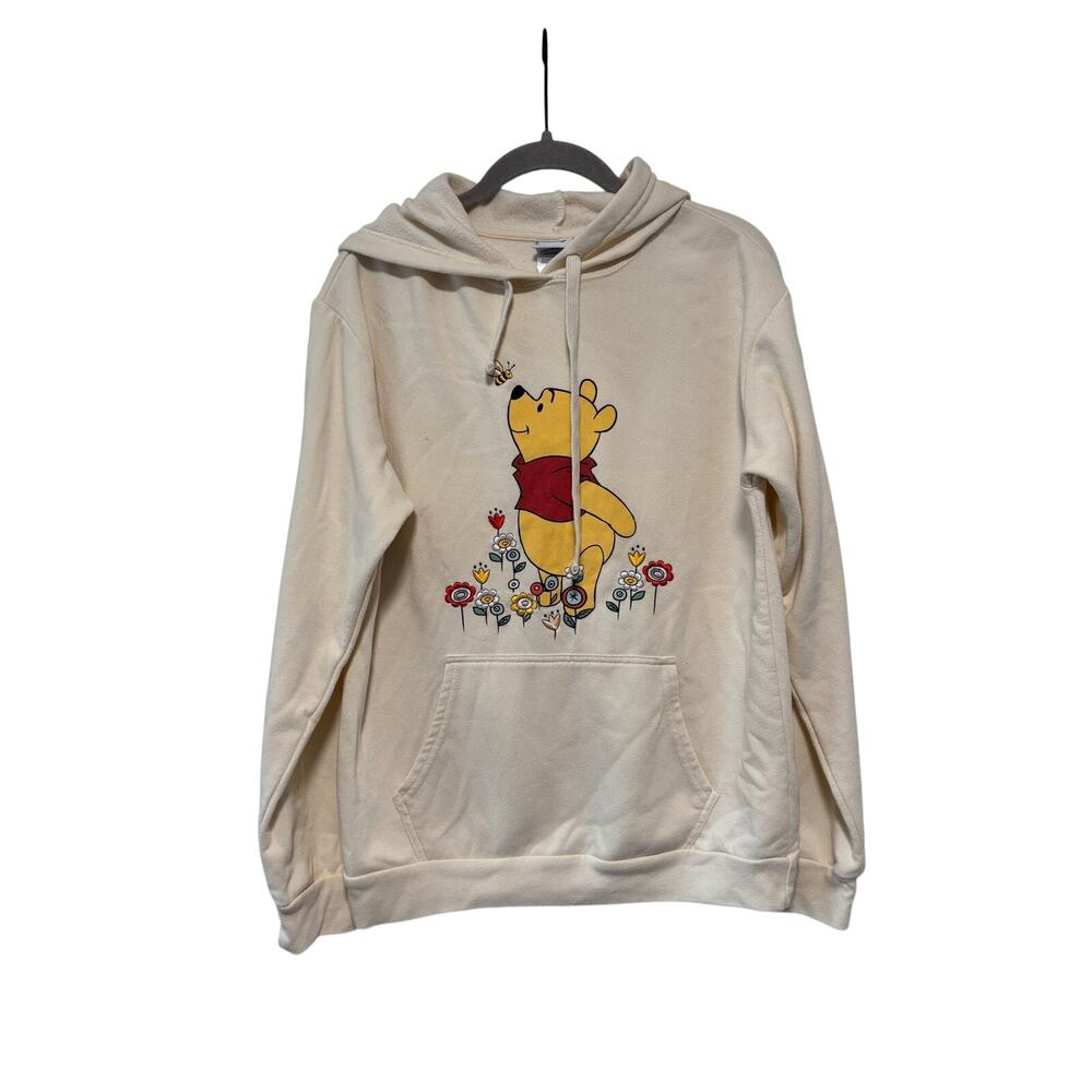 Disney Winnie the Pooh Women’s Large Cream Fleece Hoodie Floral Pullover LG - Picture 2 of 8